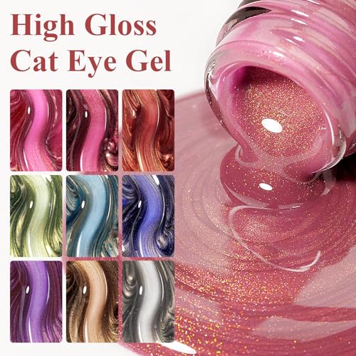 Cat Eye Gel Nail Polish Set-10 Colors with Magnet Cats Eye Gel Polish Silver Pink Blue Jelly Glass Effect Crystal Glitter Cateye UV Gel Kit Home Manicure DIY Nail Art