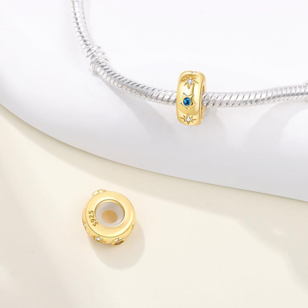 PANPOKI Spacer Stopper Beads for Bracelets & Necklaces, 925 Sterling Silver Beads | Smooth & Pave Cubic Zirconia (White, Blue, 18K Gold Plated) | Anti-Slide Separator Charms S925 Women Jewelry (2Pcs Gold Star Spacer)