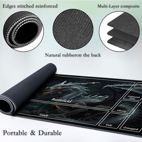 for MTG Game Playmat, for Magic TCG Rubber Play mat,Tabletop Card Playmats with Smooth Surface,Trading Card Inked Game Mat with New Zones,Battle Game,Dragon in Black