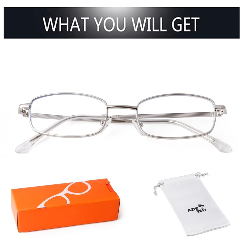 ADE WU Fashion Rcetangle Blue Light Glasses for Woman Men Cute Office-siren Small Thin Narrow Y2k Fake Glasses Unisex Style, Silver Frames 51mm