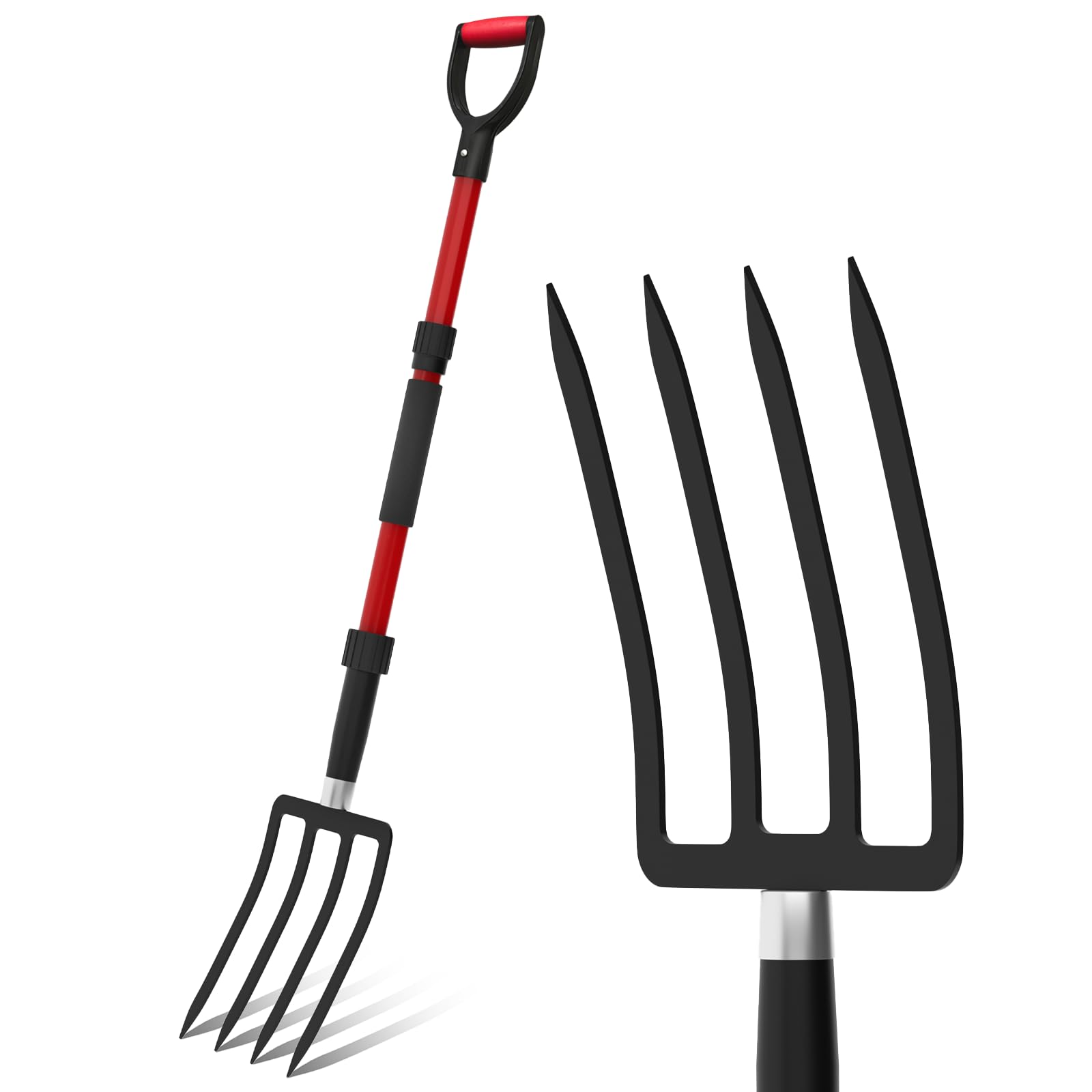 COSITA Pitch Fork for Garden, 44-Inches Pitchfork with Fiberglass Handle, Gardening Spading Fork with 4 Metal Tines, Heavy Duty Pitchfork for Manure, Mulch, Digging, Aeration, Red