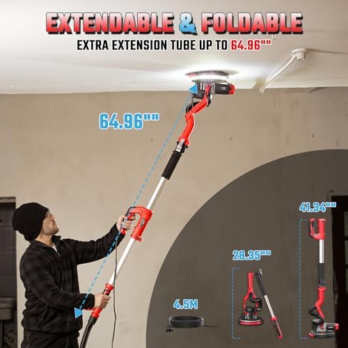 Drywall Sander, Electric Drywall Sander with Vacuum Dust Collection 7.33-Amp 880W, Floor Sanders 5 Variable Speed 1000-2100RPM with LED Light, 18Pcs Sanding Discs & 2Pcs Grid Sandpaper, Dust Mask—Red