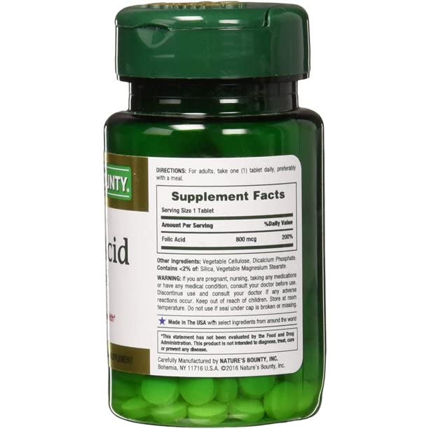 Nature's Bounty Folic Acid 800 mcg Vitamin Supplement Maximum Strength - 250 Tablets, Pack of 2