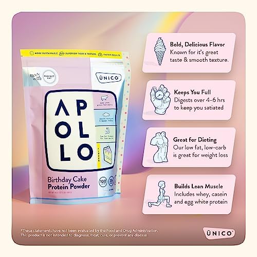 Unico Apollo Banana Cream Pie Protein Powder - 20g Whey, Casein, Egg White Formula | Keeps You Full for 6 Hours | Decadent Flavor & Non-Chalky Texture | 100 cals per Serving