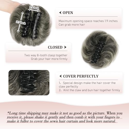 RUWISS Claw Clip Messy Bun Hair Piece Real Human Hair Buns Wavy Curly Chignon Hair Bun Extensions Tousled Updo Hair Buns Claw Clip Ponytail for Women (Black mix Gray and Platinum Blonde Tips)