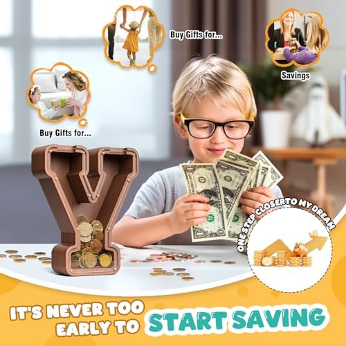Summidate Wooden Letter Piggy Bank, Extra Thick Large Capacity Piggy Bank for Kids Boys Girls Toddler, Alphabet Y Money Bank| Coin Box Birthday, Christmas, Festival