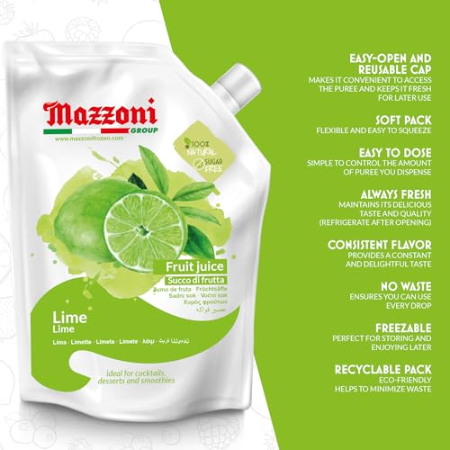 Mazzoni Real Lime Juice, 100% Pure Just Lime Juice, Not from Concentrate, No Added Sugar or Ingredients, 2.2 lbs (35.2 oz) Real Juice for Smoothies, Drinks, Cocktails, Convenient Pouch, Made in Italy