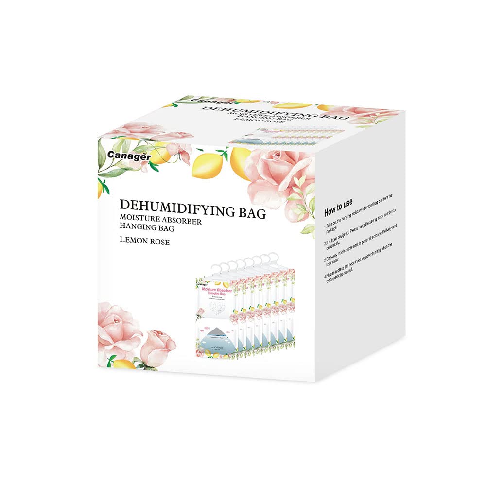 CANAGER Hanging Moisture Absorber, Lemon Rose Moistureproof Hanging Bag，Dehumidifier Bag (8 packs) Hanging Closet Dehumidifier Bags, Moisture Absorb 12.5 oz