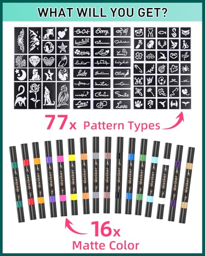 Temporary Tattoo Markers for Skin | Dual-End 16-Count Body Markers + 77 Large Tattoo Stencils | Temporary tattoos for Adults and Kids | Flexible Brush Tip, Bright colors, Skin-Safe*, Cosmetic-Grade