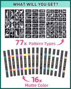 Temporary Tattoo Markers for Skin | Dual-End 16-Count Body Markers + 77 Large Tattoo Stencils | Temporary tattoos for Adults and Kids | Flexible Brush Tip, Bright colors, Skin-Safe*, Cosmetic-Grade
