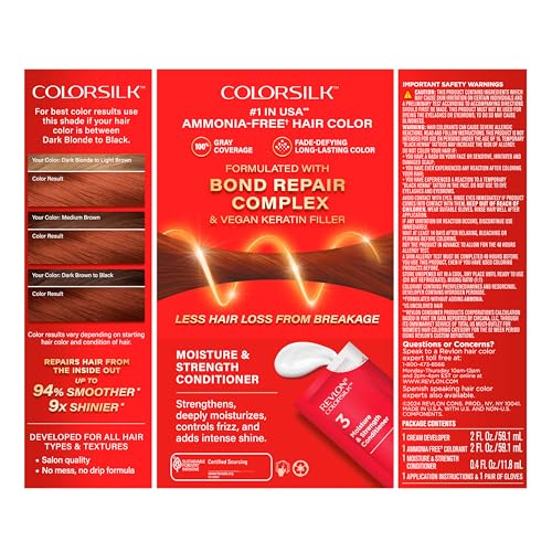 Revlon ColorSilk with Bond Repair Complex, Permanent Hair Color, 100% Gray Coverage, Ammonia Free Hair Dye, Vegan Keratin, 42 Medium Auburn (Pack of 3)