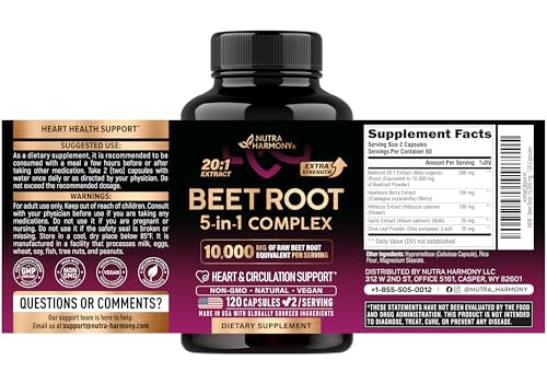 Beet Root 5-in-1 Complex Capsules - Healthy Blood Pressure Support Supplement** for Heart & Circulation Support - Olive Leaf, Hawthorn Berry & Hibiscus - for Men & Women - Made in USA, 120 Capsules