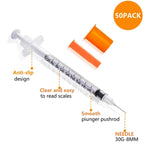 50 Pack 1/2ml Lab Syringes with 30G 5/16 inch(8mm) Needle Tool, Individual Sealed Package