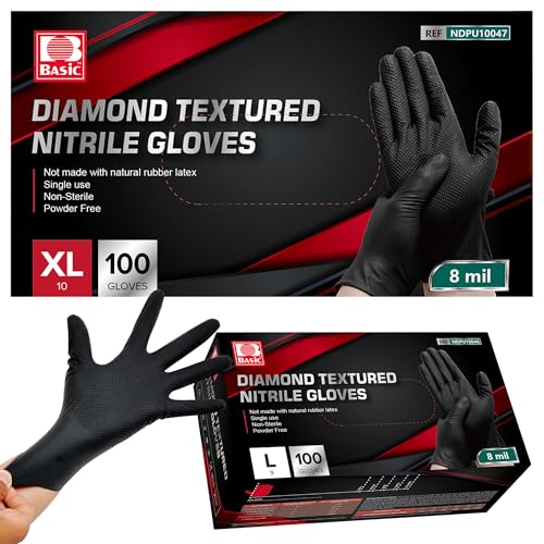 Jointown Basic Heavy Duty Nitrile Gloves, 8 Mil Black Mechanic Disposable Gloves Medium with Raised Diamond Texture, Latex Free, Powder Free Industrial Automotive Work Gloves Case of 1000