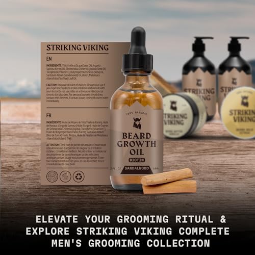 Striking Viking Beard Growth Oil with Biotin - 2 Fl Oz, 1 Pack, Sandalwood - Thickening, Conditioning Biotin Beard Growth Serum for Men with Argan & Jojoba Oil - Facial Hair Serum for Men