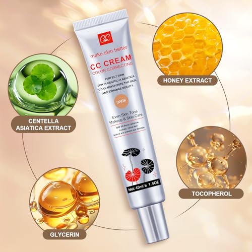 2 PCS Color Correcting CC Cream with Powder Puff 【SPF 25】, Light & Hydrating CC Cream Foundation with Centella Asiatica, Multi-Purpose for Even Skin Tone, Refine Skin Texture, SPF Protection (Light*2)