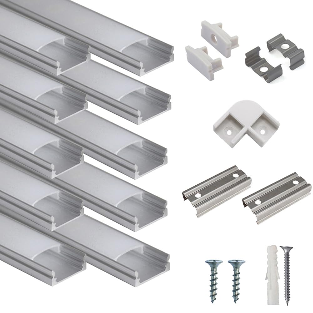 hunhun 10-Pack 3.3ft/1Meter U Shape LED Aluminum Channel System with Milky Cover, End Caps and Mounting Clips, Aluminum Profile for LED Strip Light Installations, Very Easy Installation