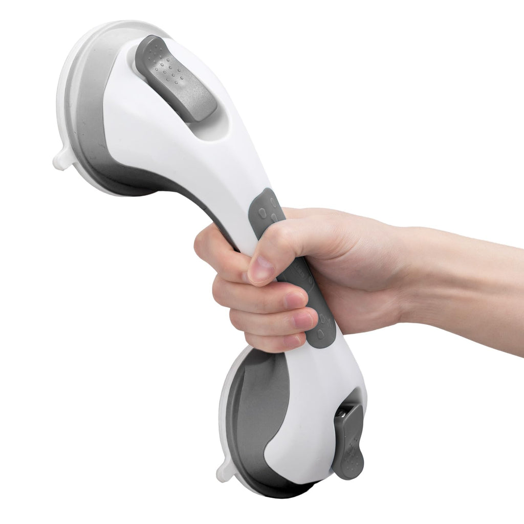 LEVERLOC Shower Grab Bar, 12 Inch Suction Grab Bars for Bathtubs, Shower Handle Handrail for Seniors Bathroom Safety Grip for Elderly, Heavy Duty No Drilling Removable,Grey