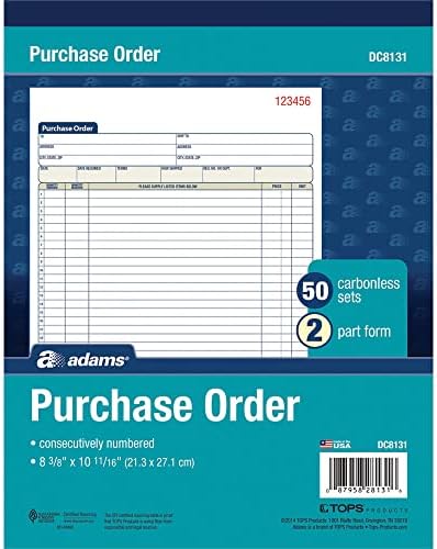 Adams Purchase Order Book, Carbonless, White/Canary, 2-Part, 8-3/8 x 10-11/16 Inches, 50 Sets (DC8131)