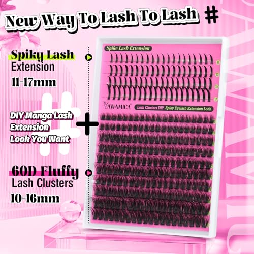 Yawamica Lash Clusters Kit with Spikes Manga Lash Extension Kit Fluffy Eyelash Clusters 10-16mm Cluster Eyelash Extensions 60D Individual Lashes 11-17mm Spiky Lashes with Bond and Seal Lash Tweezers