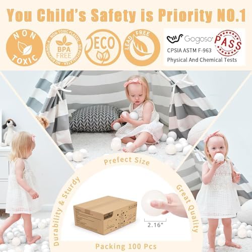 GOGOSO Ball Pit Balls for Toddler, Baby Plastic Playballs Kids Soft Pastel Pelotas Non-Toxic BPA-Free 2green+White+Gold,100 Balls