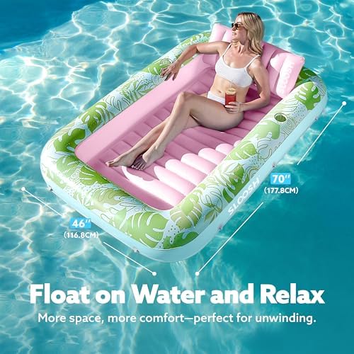 SLOOSH Inflatable Tanning Pool Lounger Float, 70" x 46" Pool Floats Adult with Pillow, 4 in 1 Suntan Tub Raft Floatie,Sunbathing Bed Lounge for Water Blow Up Kids Ball Pit Party Gifts, L-Cyan Pink