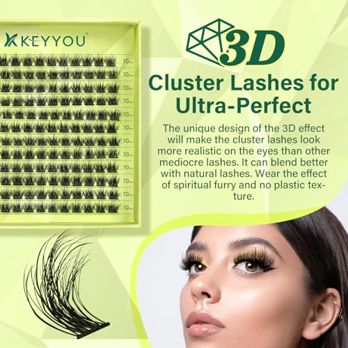 Lash Clusters 3D Effect Eyelash Clusters KEYYOU 144pcs D Curl 10mm Wispy Lashes Fluffy Cluster Lashes Natural Soft DIY Lash Extension(Radiance-D-10)