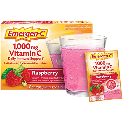 Emergen-C 1000mg Vitamin C Powder, with Antioxidants, B Vitamins and Electrolytes, Vitamin C Supplements for Immune Support, Caffeine Free Drink Mix, Raspberry Flavor - 60 Count/2 Month Supply