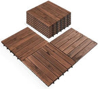 Pack of 10 Deck Tiles - 12"x12" Interlocking Natural Solid Acacia Wood for Outdoor & Indoor, Patio Garden, Balcony, Poolside - Brown Color