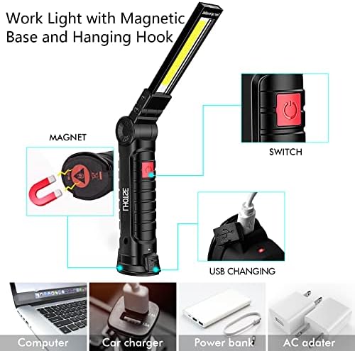 Tool Gifts for Men Dad Him, Rechargeable Work Lights, LED Work Light with Magnetic Base & Hanging Hook, 360°Rotate Rechargeable Flashlights for Mechanics Car Repair Home, Camping (2 Pack)