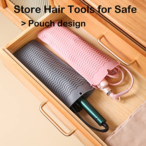 2 Heat Resistant Silicone Mat with Hanging Hole, Straightener Heat Resistant Travel Mat & Pouch for Curling Iron, Flat Iron and Other Hot Hair Styling Tools, 11 x 5 in, Gray