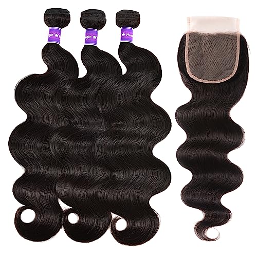 Brazilian Body Wave 3 Bundles With Closure Free Part (16 18 20+14) Body Wave Bundles with 4X4 Closure 100% Unprocessed Virgin Hair Weft Human Hair Bundles with Swiss Lace Closure Natural Color