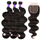 Brazilian Body Wave 3 Bundles With Closure Free Part (16 18 20+14) Body Wave Bundles with 4X4 Closure 100% Unprocessed Virgin Hair Weft Human Hair Bundles with Swiss Lace Closure Natural Color