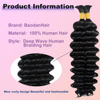 Human Braiding Hair for Boho Braids 100% virgin Human Hair 110g 20 Inch Curly Knotless 12A Deep Wave Bulk Bohemian Braiding Hair for 2 Bundles/Pack Extensions Natural Color (20 Inch 110g)
