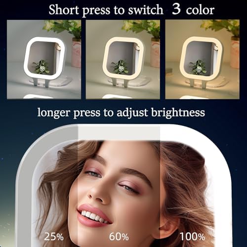 FUNTOUCH Compact Travel Lighted Makeup Mirror, Rechargeable Double-Sided 1X10X Magnification Mirror with 3 Lights, Handheld Tabletop Portable Hanginig Mirror with Bag, Dimmable Touch Screen