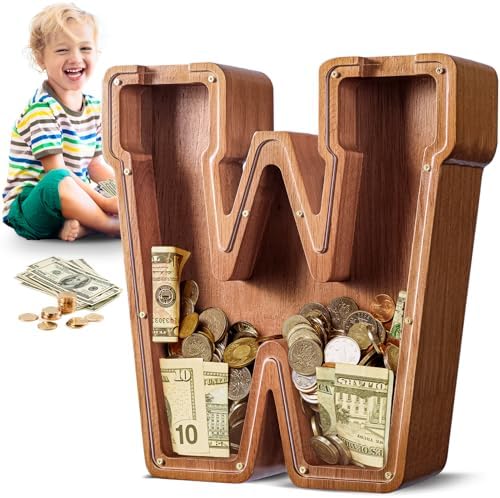 Summidate Large Wooden Piggy Bank for Kids Adults, Alphabets Letter A-Z Piggy Bank for Boys Girls, Coins Bills Change Bank Box Personalized Initial Name Kids Money Bank for Birthday Present and Decor