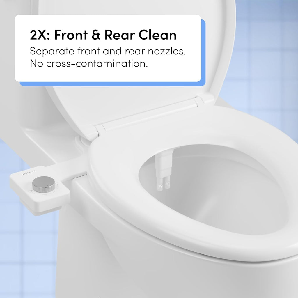 TUSHY NEW Fresh Dual Nozzle Cool Water Bidet: Ultra Slim Toilet Seat Attachment Sprayer with Luxury 2 in 1 Front & Rear, Self-Cleaning, 180º Clean (DIY Install, 10 Minutes), Non-Electric, Bamboo Knob