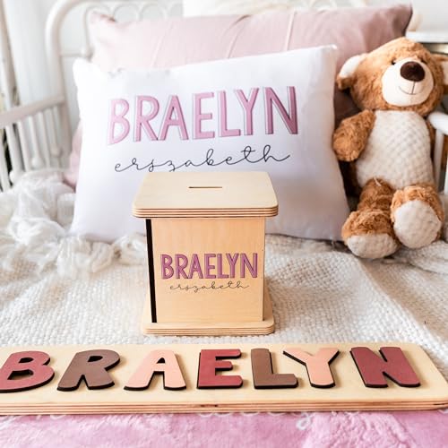 Wooden Piggy Bank for Kids and Adults, Personalized Gift Handmade in USA by BloomOwl, Custom Piggy Bank, Personalized Banks for Kids, Gifts for Baby Boys and Girls (Typography)