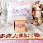 Wooden Piggy Bank for Kids and Adults, Personalized Gift Handmade in USA by BloomOwl, Custom Piggy Bank, Personalized Banks for Kids, Gifts for Baby Boys and Girls (Typography)