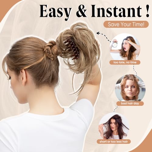SARLA 2PCS Messy Bun Hair Pieces Detachable Claw Clip Wavy Curly Synthetic Hairpieces Fake Scrunchies Updo Ponytail Extension for Women Chocolate Multi