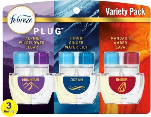 Febreze Odor-Fighting Fade Defy PLUG Air Freshener, Mountain, Ocean, Amber, 3 Ct, 0.87 fl oz Each Pack of 2