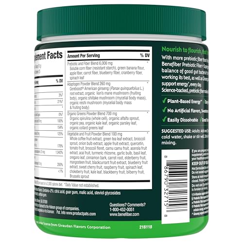 Benefiber Prebiotic Fiber + Supergreens Dietary Supplement Powder, Watermelon Lemonade Flavor, 8.8 oz (250g)