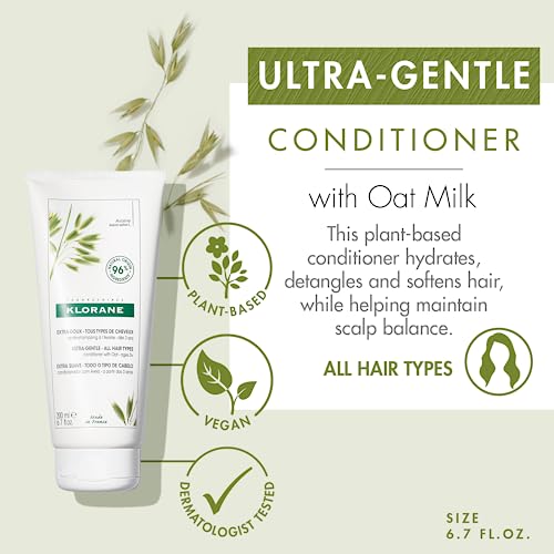 Klorane Ultra-Gentle Conditioner with Oat Milk, Sulfate-Free, Dermatologist and Pediatric Tested, Hypoallergenic, Vegan, Plant-based, Biodegradable 6.7 Fl Oz (Pack of 1)