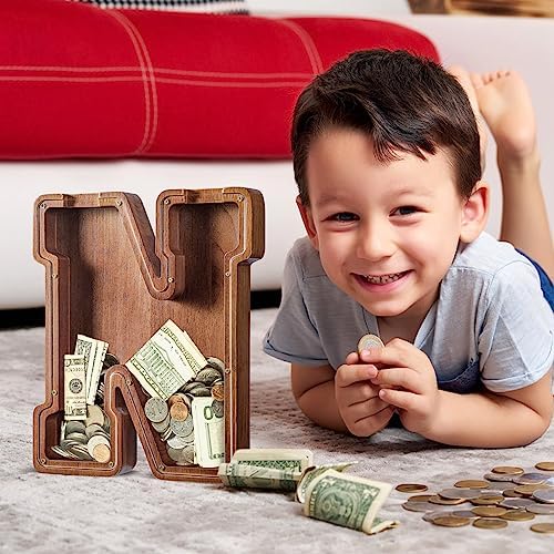 Summidate Customized Name Extra Large Wooden Piggy Bank for Kids Boys Girls Alphabets Letter A-Z Coins Bills Money Change Saving Box Clear Cover (Laser Engraved) Educational Toys 12"- Letter M