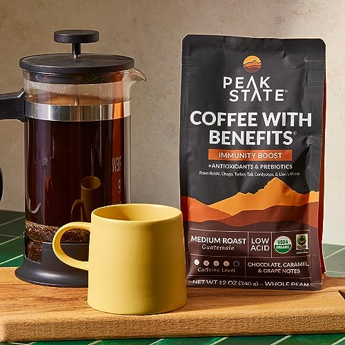 Peak State Coffee with Benefits, 3 Bag Variety Pack – Mushroom Coffee, Low Acid & Smooth, Immunity Boost, Brain Sustain & Stress Less, Organic Whole Bean Coffee, Gluten Free, 12 oz. Each