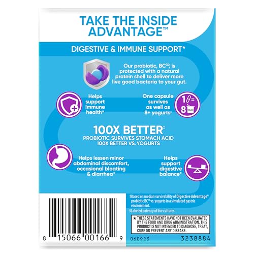Daily Probiotic Capsule - Digestive Advantage 30 Capsules, Survives 100x Better, Lessens Bloating, Calcium, Promotes Digestive Health and Gut Flora, multi