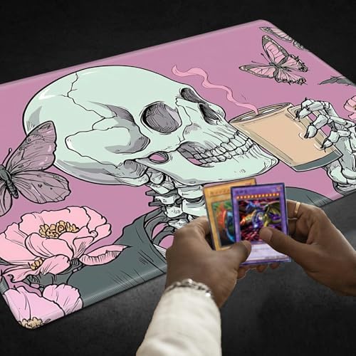 Playmats for Magic: The Gathering MTG Card Game Mat Plus 50 Pcs Card Sleeves, 24 x 14 inch TCG Mat with Stitched Edge for Commander Deck Duskmourn Board Game, Goth Skull Pink