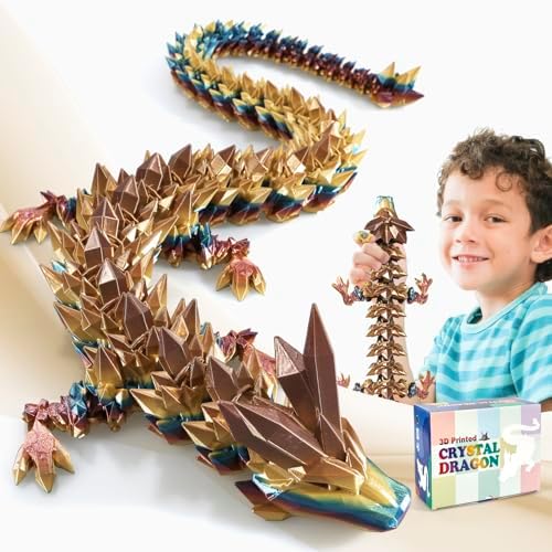 Large 3D Printed Dragon,30 Inch 3D Dragon Toys,Bigger Fidget Crystal Animals Toys, 3D Printed Articulated Animals for Home Office Car Desk Decor(Khaki Gold, 30 inch)