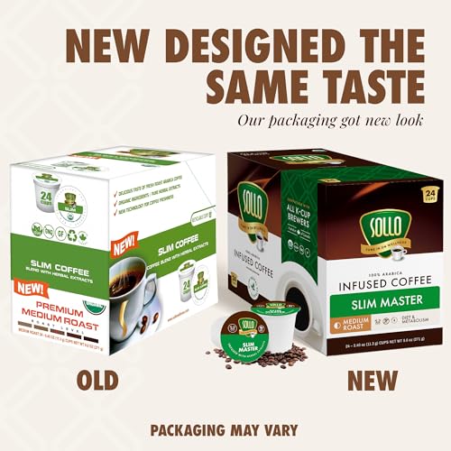 SOLLO Organic Slim Coffee Pods, Medium Roast, Low Acid, Diet-Support, Slim, Single Serve Pods, Compatible With 2.0 K-Cup Keurig Brewers, 24 K Cup