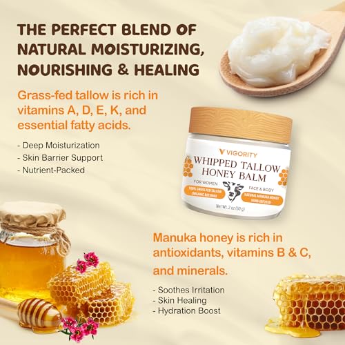 Vigority Beef Tallow and Honey Balm for Women: Organic Grass Fed Whipped Beef Tallow for Skin - Beef Tallow Face Moisturizer Infused with Manuka Honey, Beeswax and Olive Oil - 2 oz, Unscented